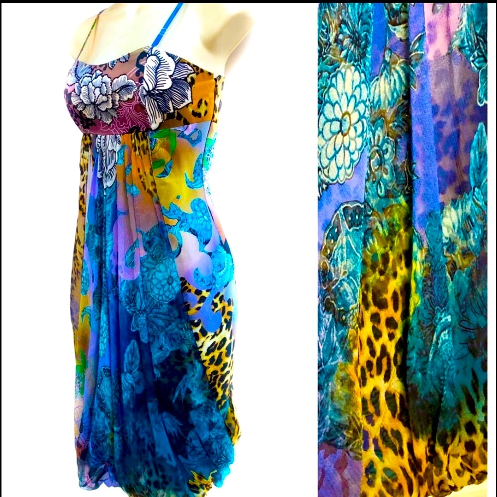 Alberto Makali Blue Turquoise Yellow Floral Leopard Print Sundress